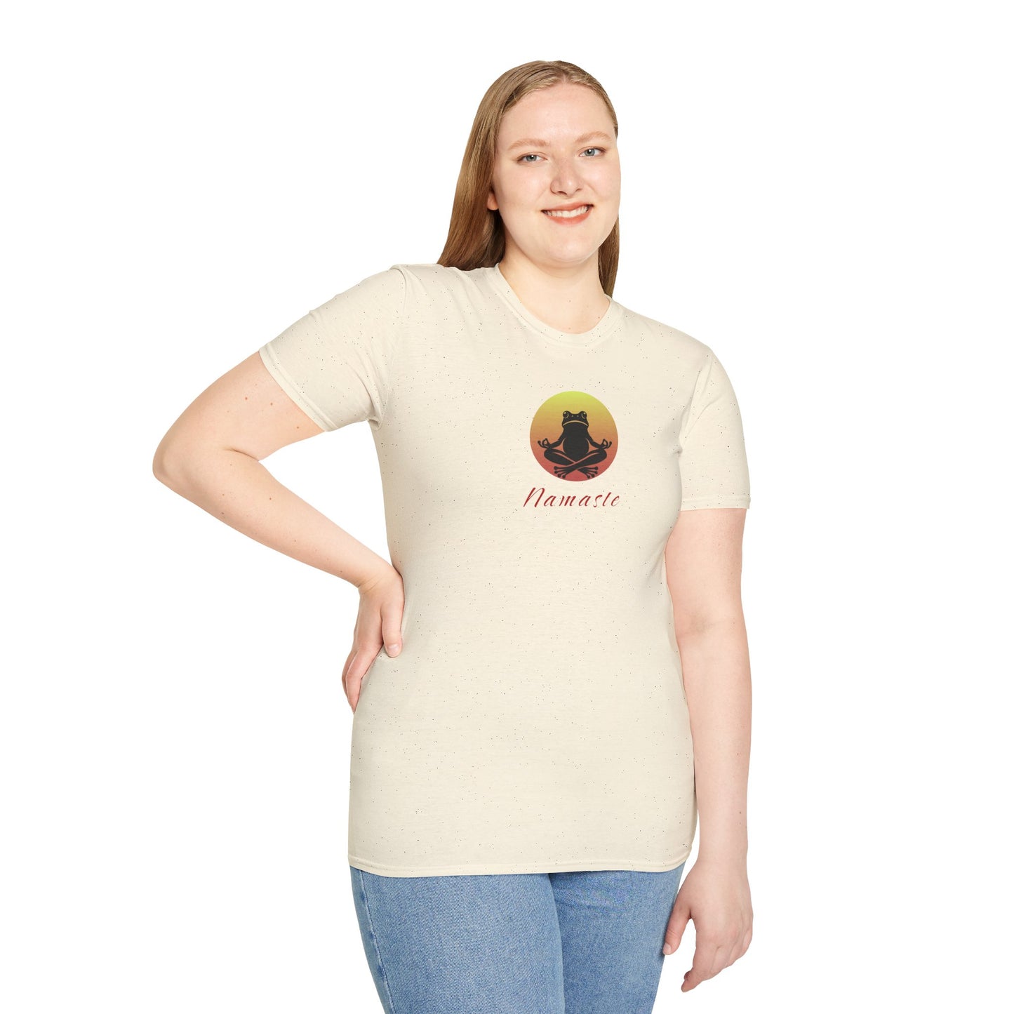 Natural colored T-shirt featuring a relaxed frog in a peaceful yoga pose, ideal for self-care enthusiasts and mindfulness lovers. This zen-inspired shirt offers comfort and calm for yoga practice or everyday wear.