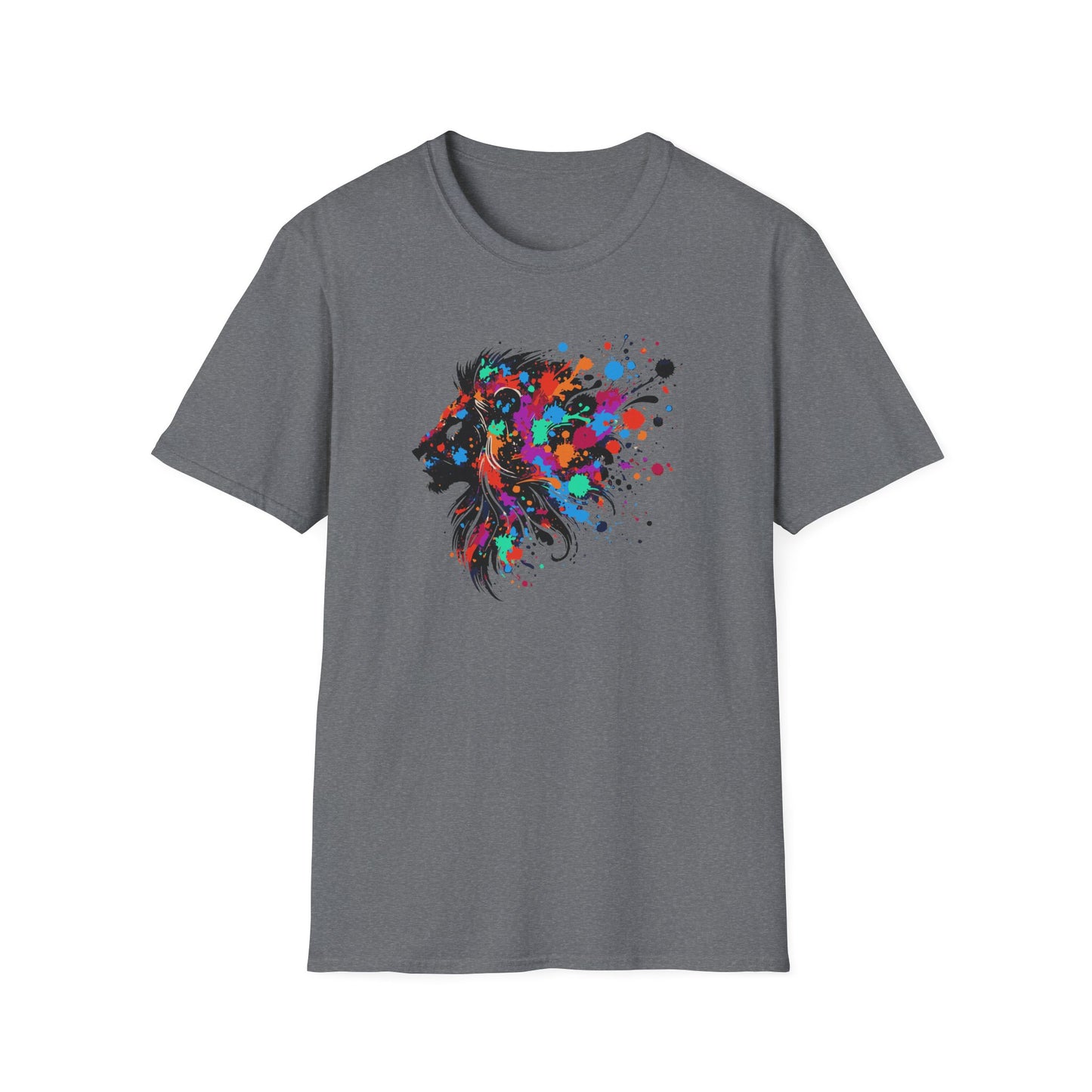 a graphite heather colored tshirt featuring a vibrant ink splatter forming the side profile of a lion's head, showcasing bold colors and dynamic artistic detail.