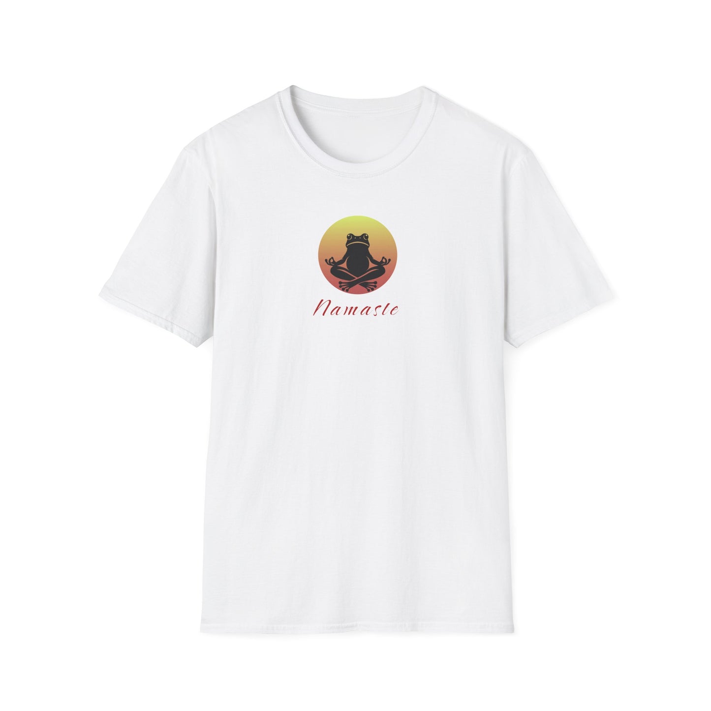 White-colored T-shirt featuring a relaxed frog in a peaceful yoga pose, ideal for self-care enthusiasts and mindfulness lovers. This zen-inspired shirt offers comfort and calm for yoga practice or everyday wear.