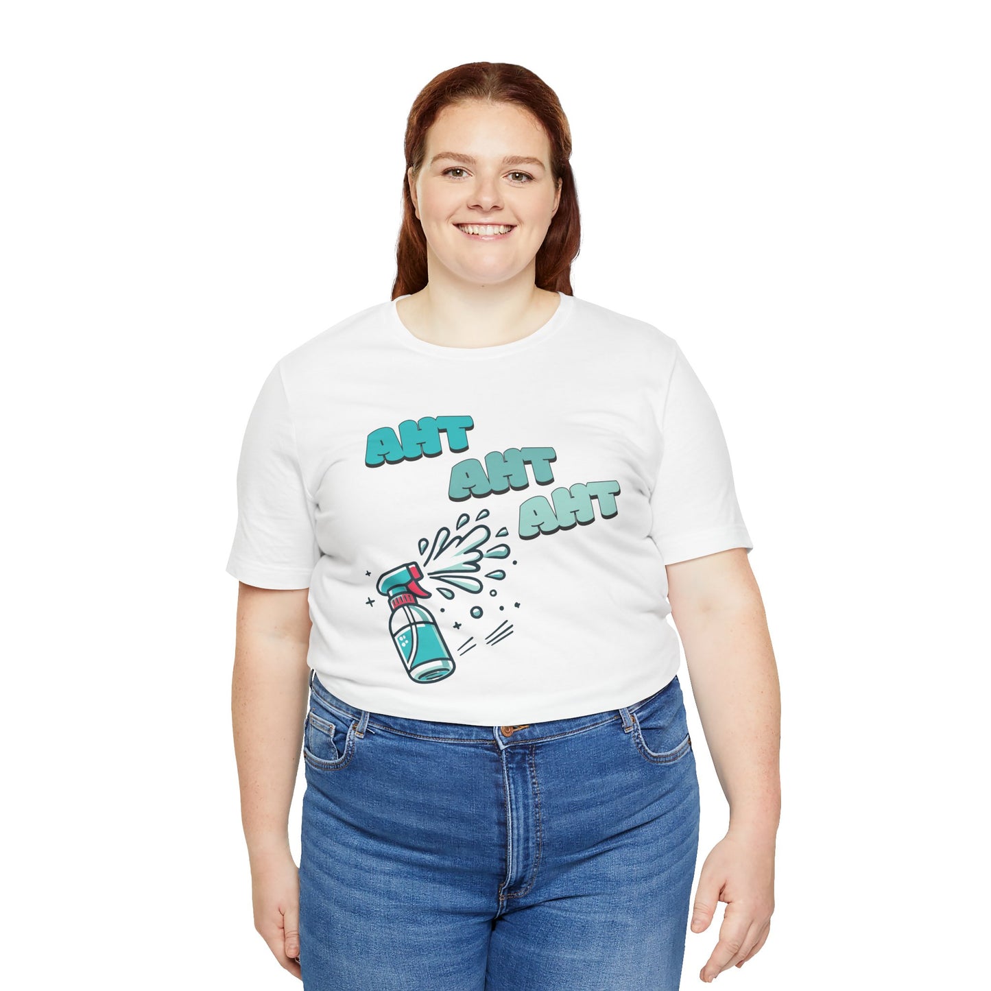 a woman wearing a spray bottle shooting three squirts of water, each squirt accompanied by the playful text 'Aht Aht Aht.' The design is printed on a white colored T-shirt, adding a humorous and cheeky vibe, perfect for warding off unwanted behavior with a lighthearted message.