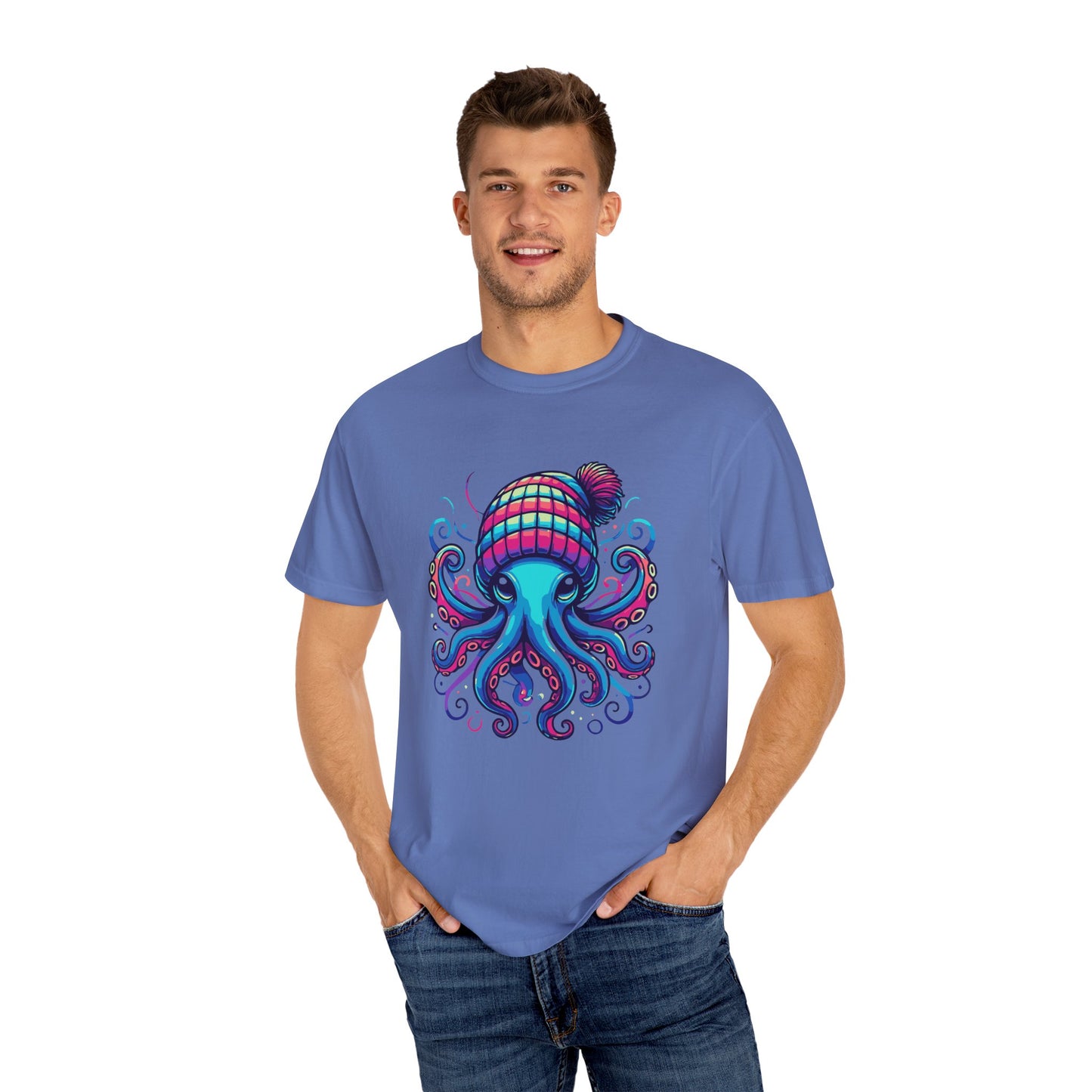 a man wearing a mystic blue colored t-shirt with an image of jewel-toned octopus wearing a knit cap