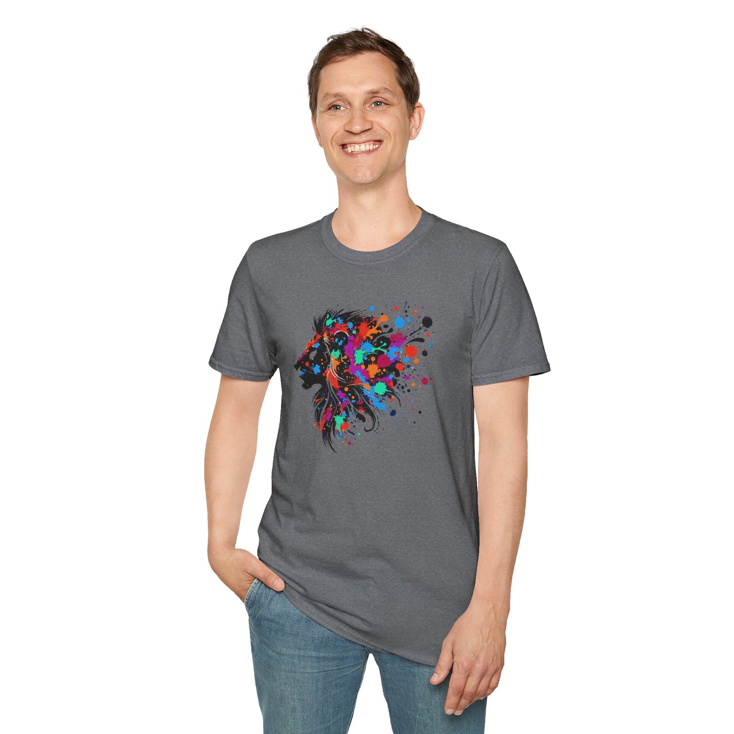 a man wearing a graphite colored tshirt background featuring a vibrant ink splatter forming the side profile of a lion's head, showcasing bold colors and dynamic artistic detail.