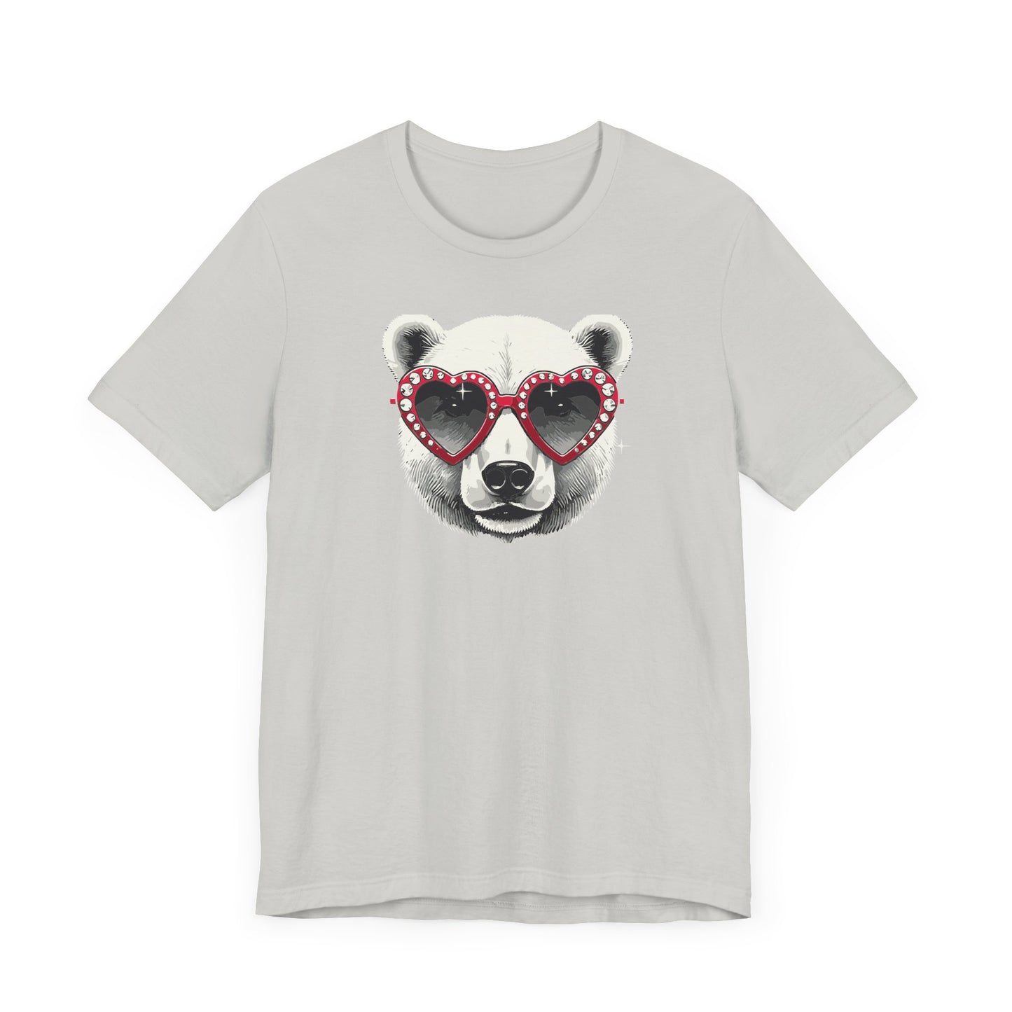 a silver color t-shirt with a white polar bear face wearing a a heart-shaped sunglasses