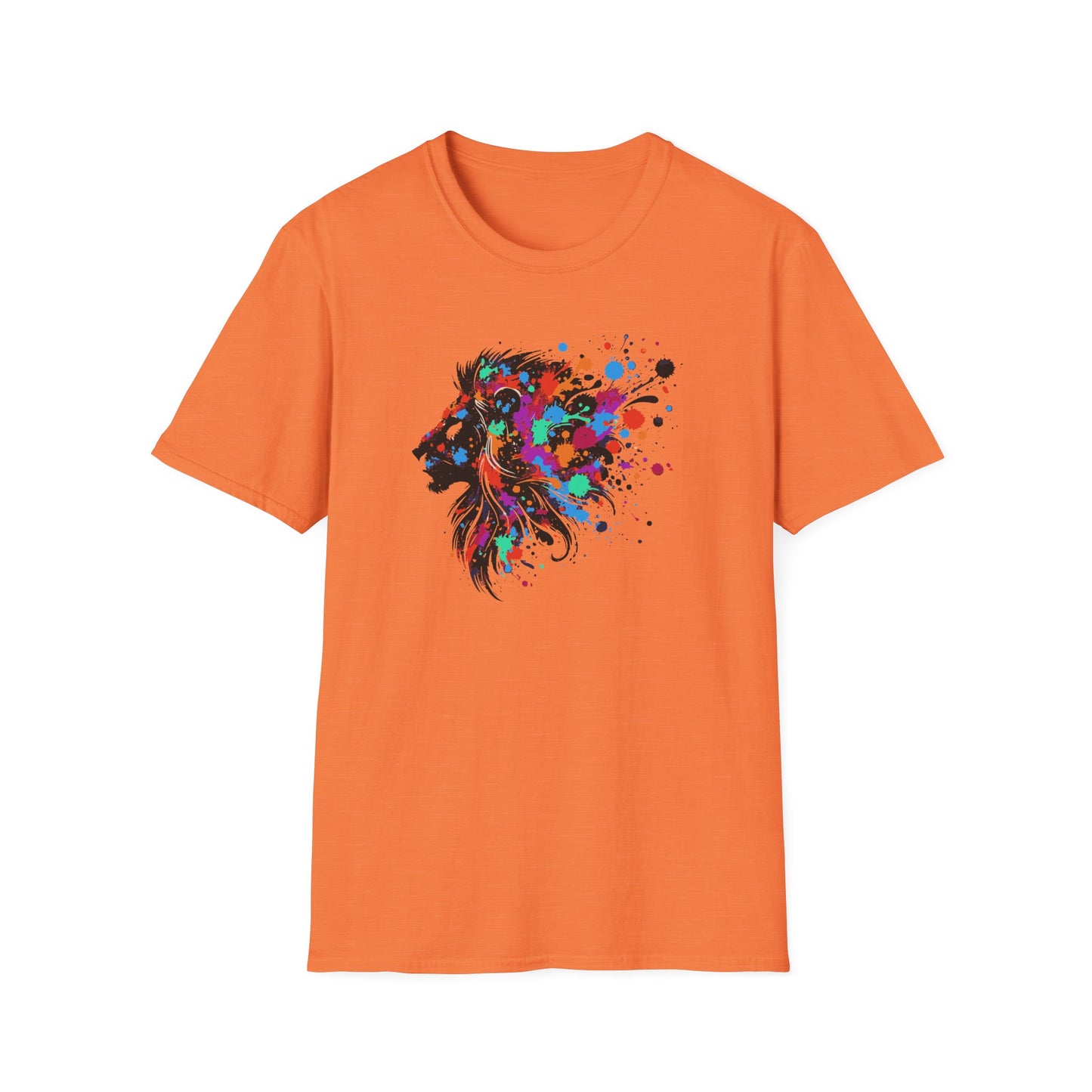 a heather orange colored tshirt featuring a vibrant ink splatter forming the side profile of a lion's head, showcasing bold colors and dynamic artistic detail.