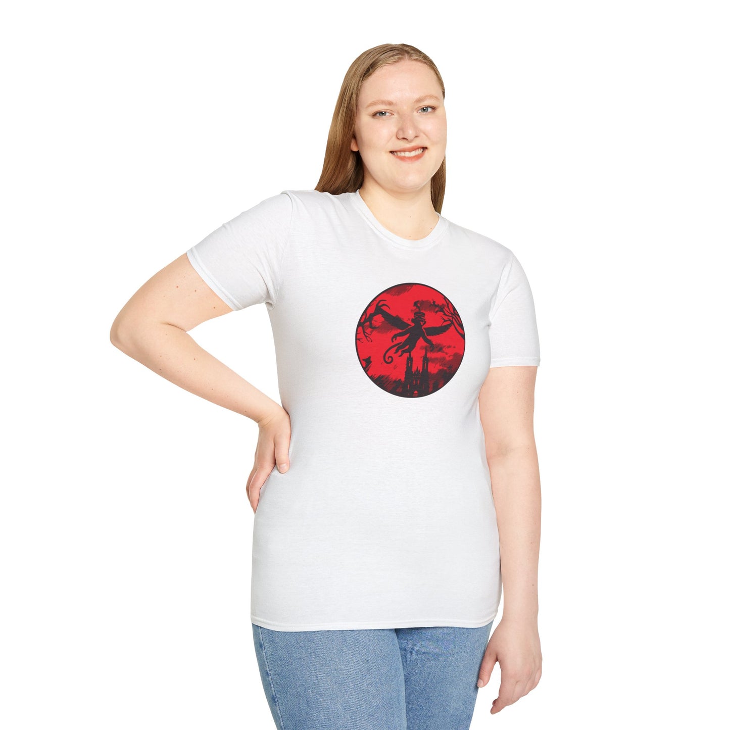 a woman wearing a white colored t-shirt featuring a winged monkey soaring against a haunting red sky, perfect for embracing your wild and mischievous side with bold, daring style