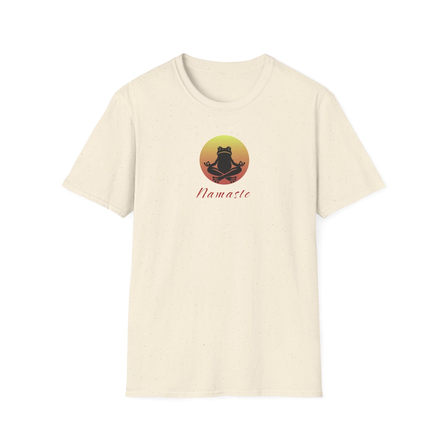 Sand-colored T-shirt featuring a relaxed frog in a peaceful yoga pose, ideal for self-care enthusiasts and mindfulness lovers. This zen-inspired shirt offers comfort and calm for yoga practice or everyday wear.
