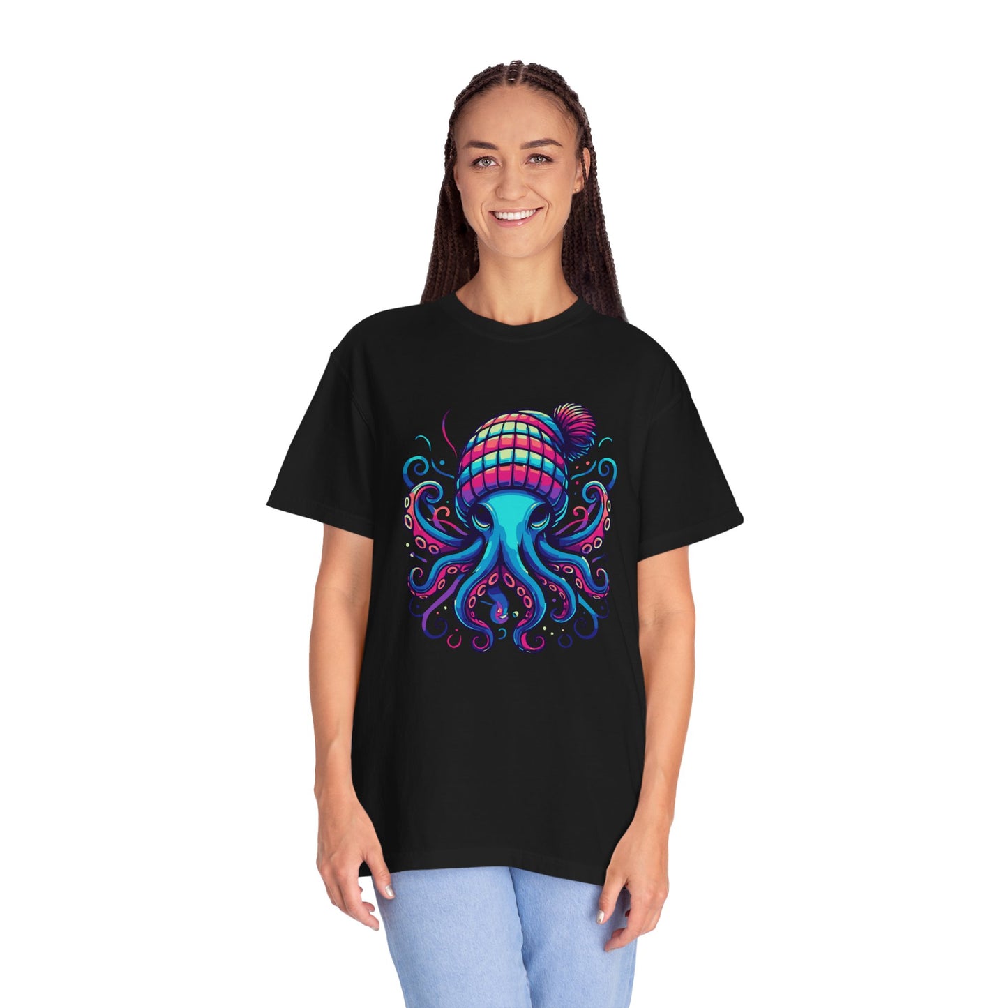 a woman wearing a black colored t-shirt with an image of jewel-toned Octopus wearing a knit cap