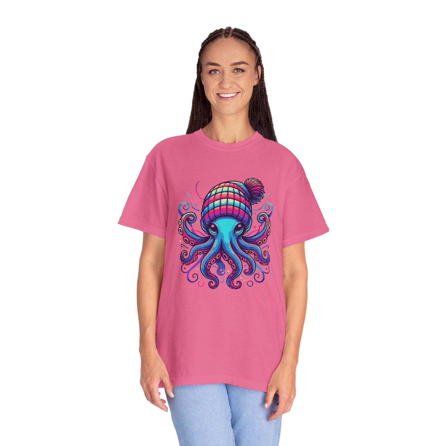 a woman wearing a Crunchberry colored t-shirt with an image of jewel-toned Octopus wearing a knit cap