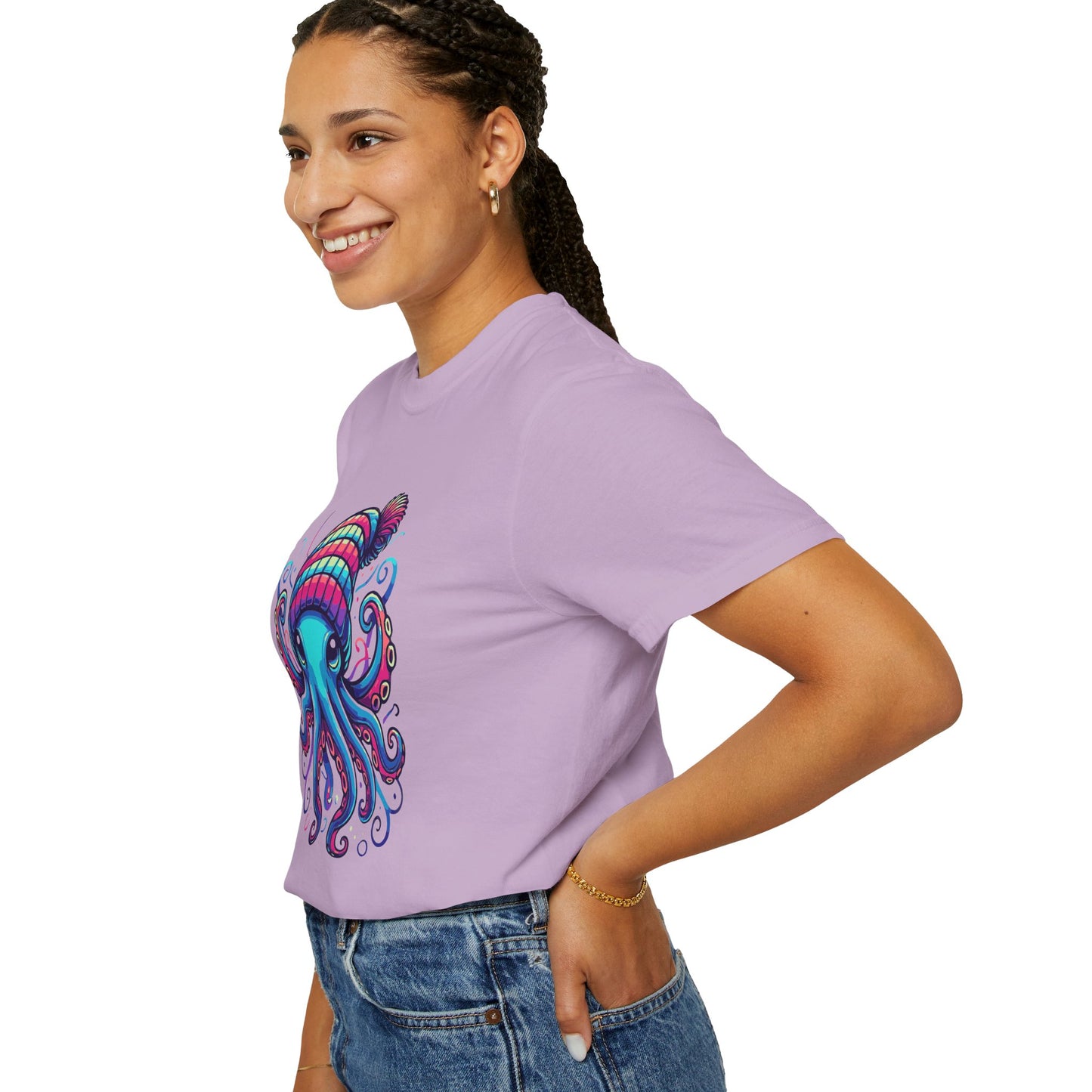 a woman wearing a orchid colored t-shirt with an image of jewel-toned Octopus wearing a knit cap