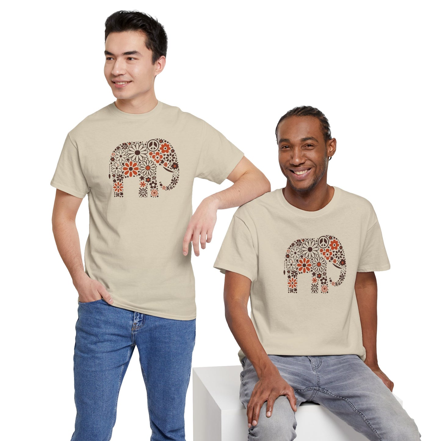two men wearing sand color t-shirts with an image of an elephant created out of brown and orange floral design