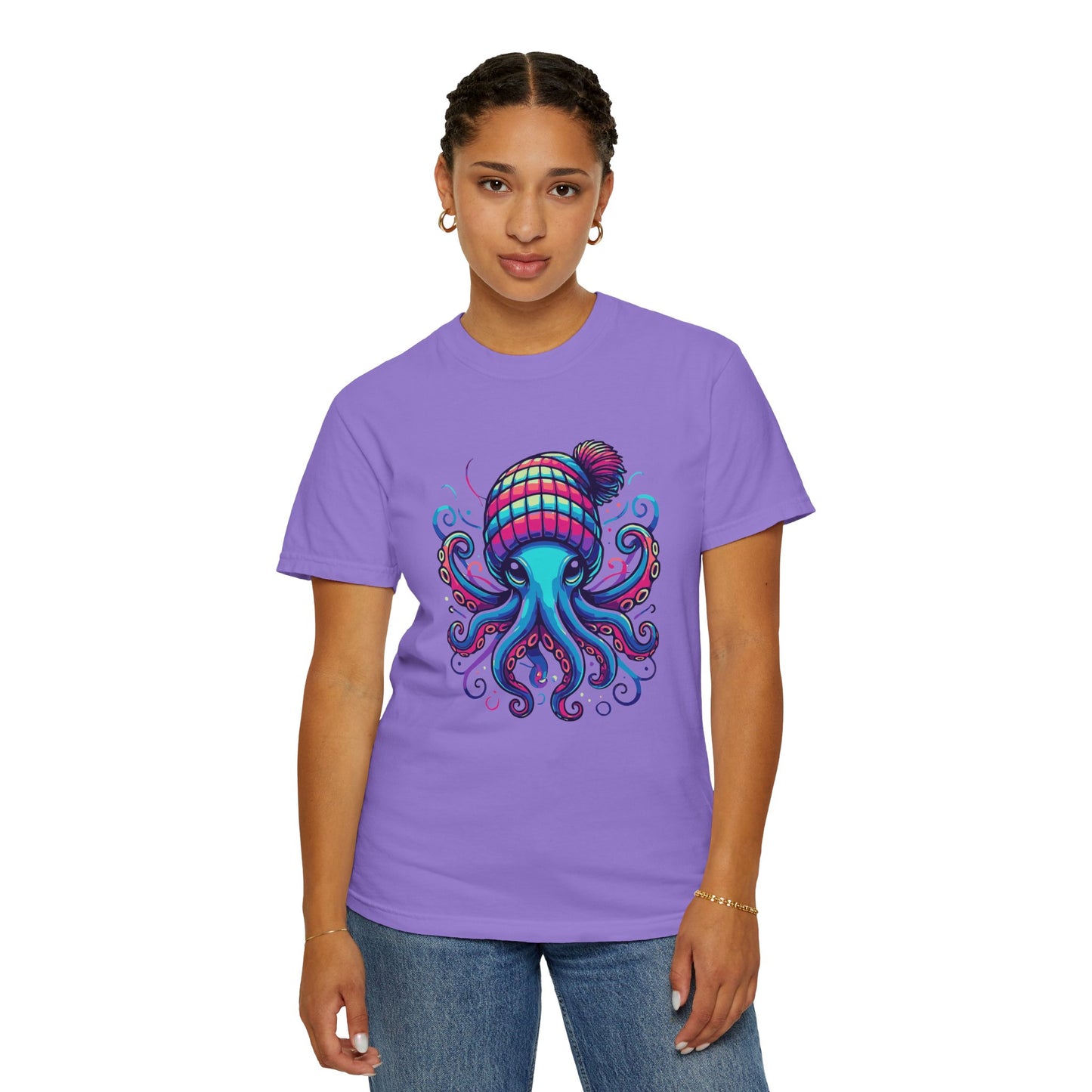 a woman wearing a violet colored t-shirt with an image of jewel-toned Octopus wearing a knit cap