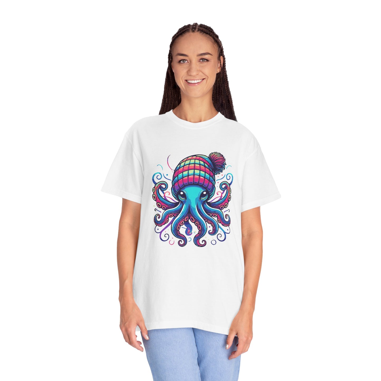a woman wearing a white colored t-shirt with an image of jewel-toned Octopus wearing a knit cap
