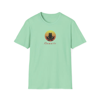 Mint-colored T-shirt featuring a relaxed frog in a peaceful yoga pose, ideal for self-care enthusiasts and mindfulness lovers. This zen-inspired shirt offers comfort and calm for yoga practice or everyday wear.