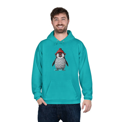 a man wearing an athletic teal colored hoodie with an image of a penguin wearing a red beanie and red eyeglasses