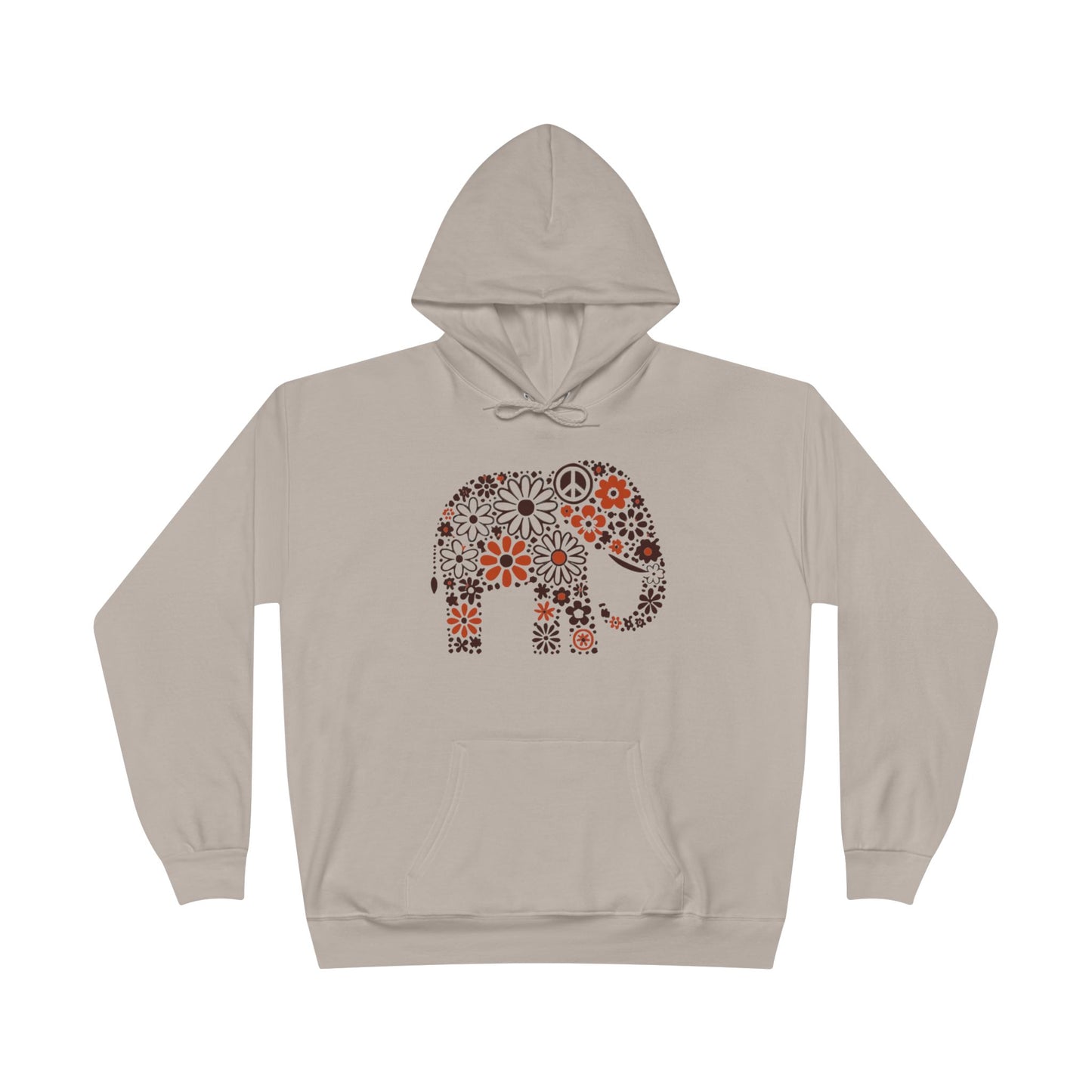 a sand color hoodie with an image of an elephant created out of brown and orange floral design