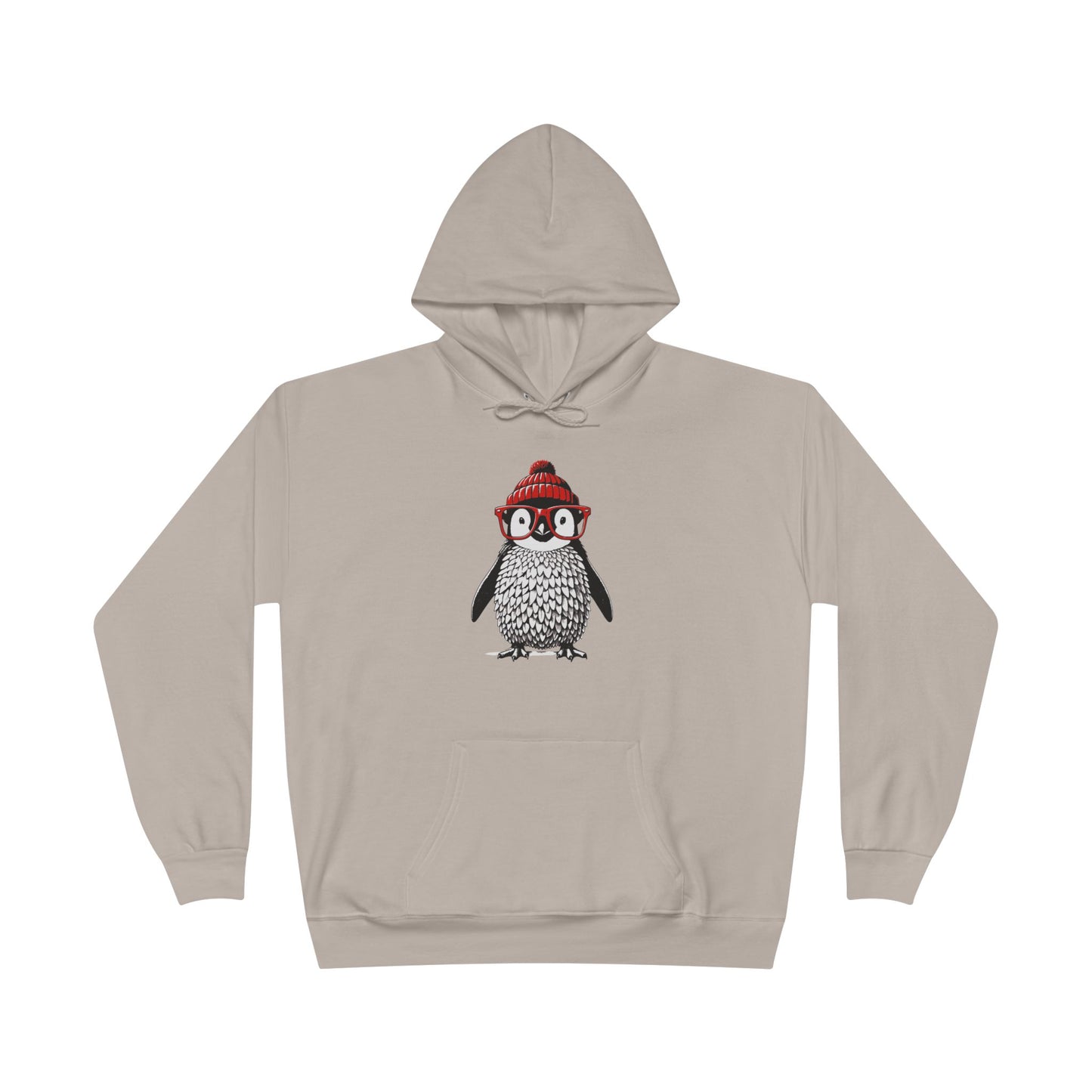 a sand colored hoodie with an image of a penguin wearing a red beanie and red eyeglasses