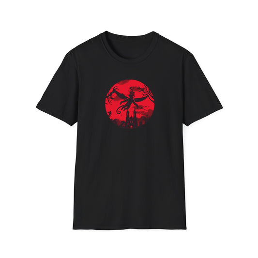 a black colored t-shirt featuring a winged monkey soaring against a haunting red sky, perfect for embracing your wild and mischievous side with bold, daring style.