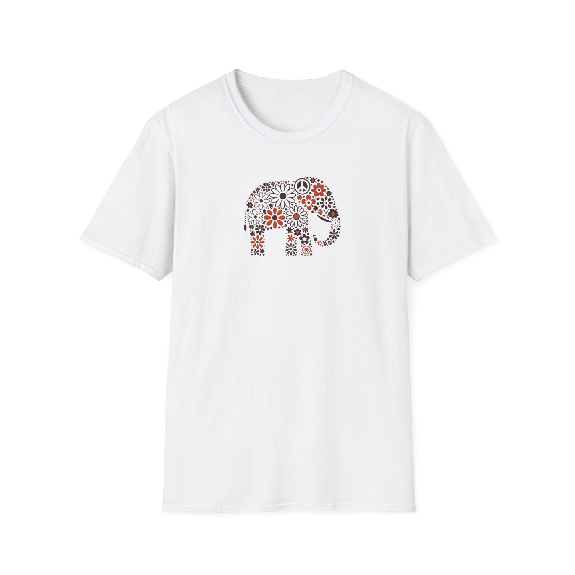 white color t-shirt with an image of an elephant created out of brown and orange floral design