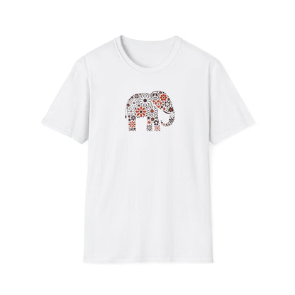 white color t-shirt with an image of an elephant created out of brown and orange floral design