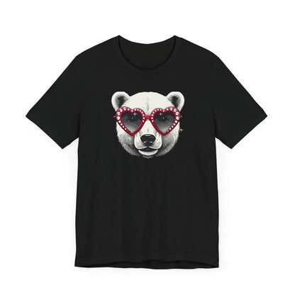 a black color t-shirt with a white polar bear face wearing a a heart-shaped sunglasses 