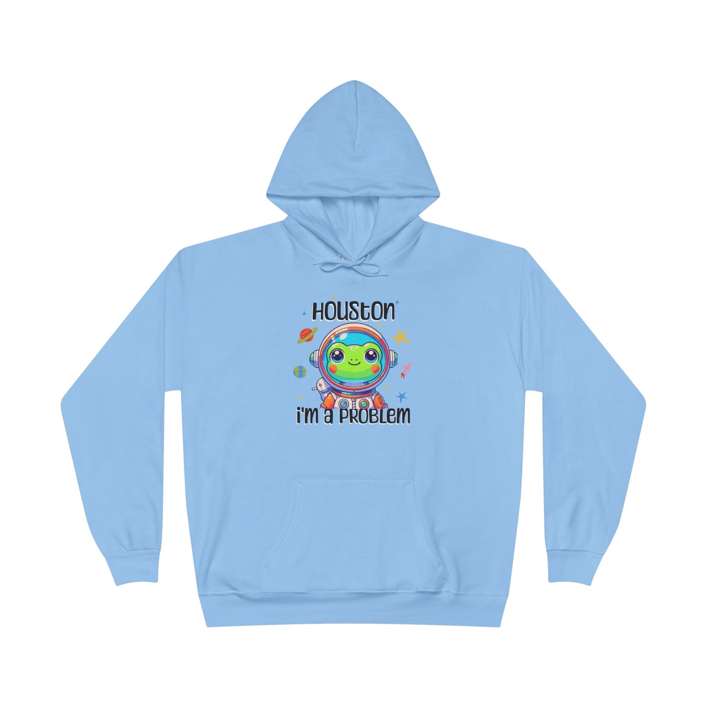 a light blue colored hoodie with graphic of a cute astronaut frog in a spacesuit, ready for an interstellar adventure. The design showcases the frog as a space cadet, radiating charm and joy, perfect for spreading smiles across the galaxy