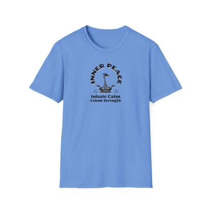  a carolina blue colored t-shirt with image of a giraffe in a zen position with the text surrounding image, inner peace, inhale clam exhale strengths.