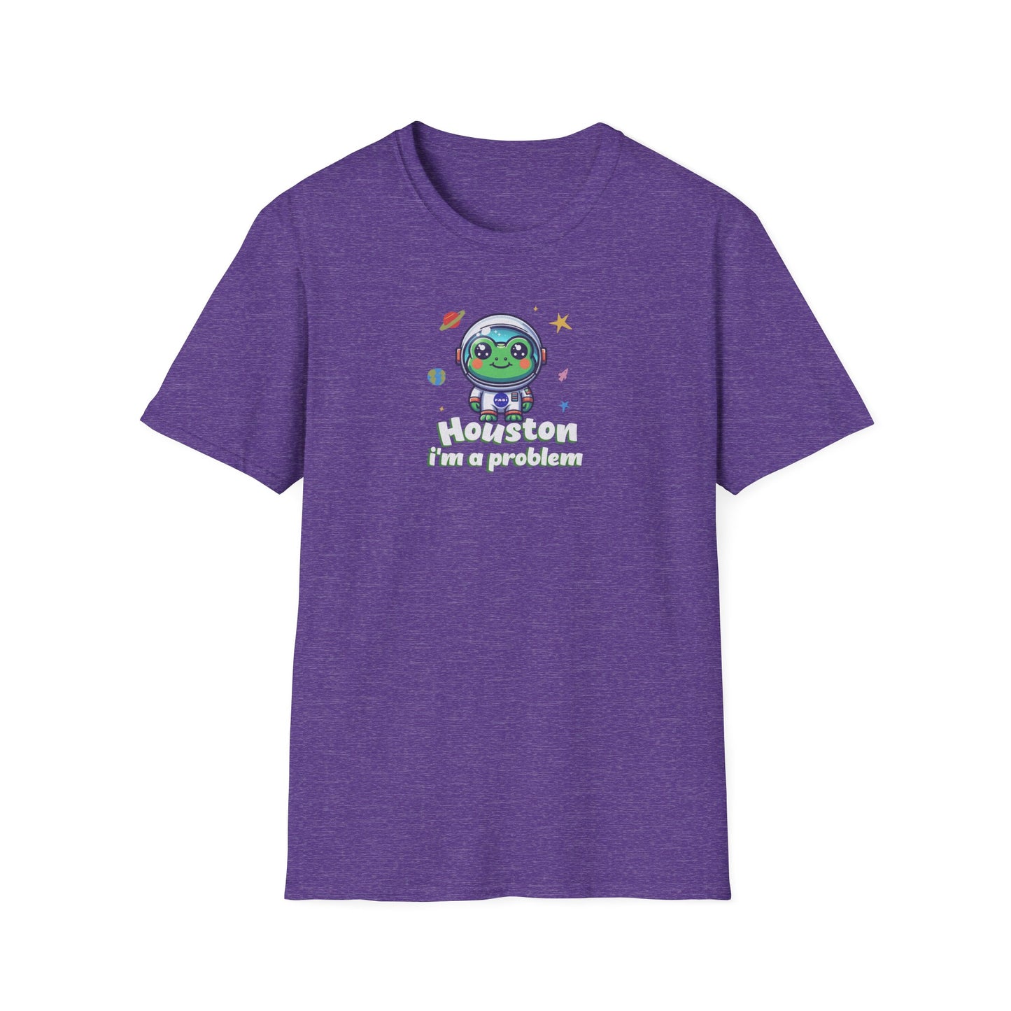 a heather purple colored t-shirt with graphic of a cute astronaut frog in a spacesuit, ready for an interstellar adventure. The design showcases the frog as a space cadet, radiating charm and joy, perfect for spreading smiles across the galaxy