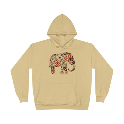 a athletic gold color hoodie with an image of an elephant created out of brown and orange floral design