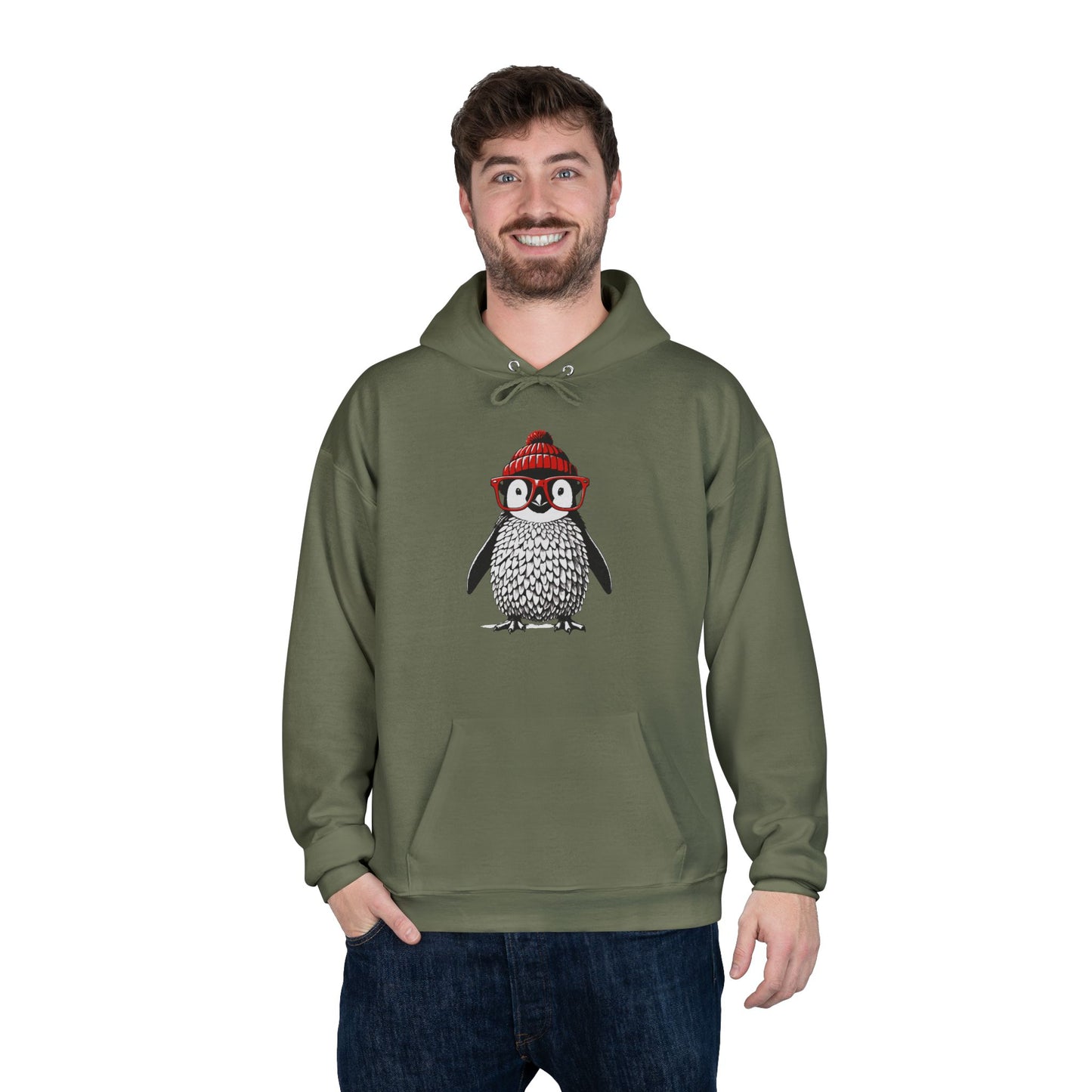 a man wearing a fatigue green colored hoodie with an image of a penguin wearing a red beanie and red eyeglasses