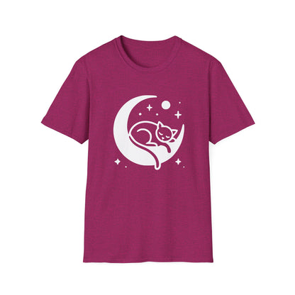 a heather sapphire colored t-shirt with an image of a kitten sleeping on a crescent moon