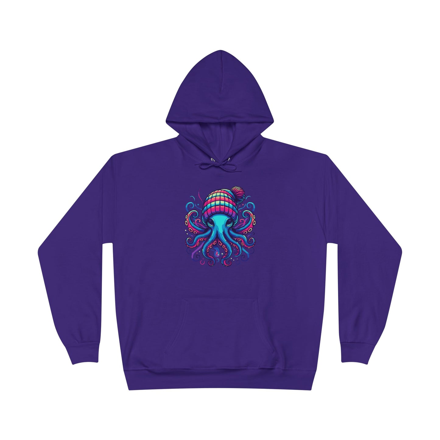 a purple colored hoodie with an image of jewel-toned octopus wearing a knit cap