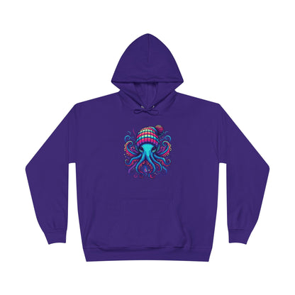 a purple colored hoodie with an image of jewel-toned octopus wearing a knit cap