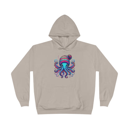 a sand colored hoodie with an image of jewel-toned octopus wearing a knit cap