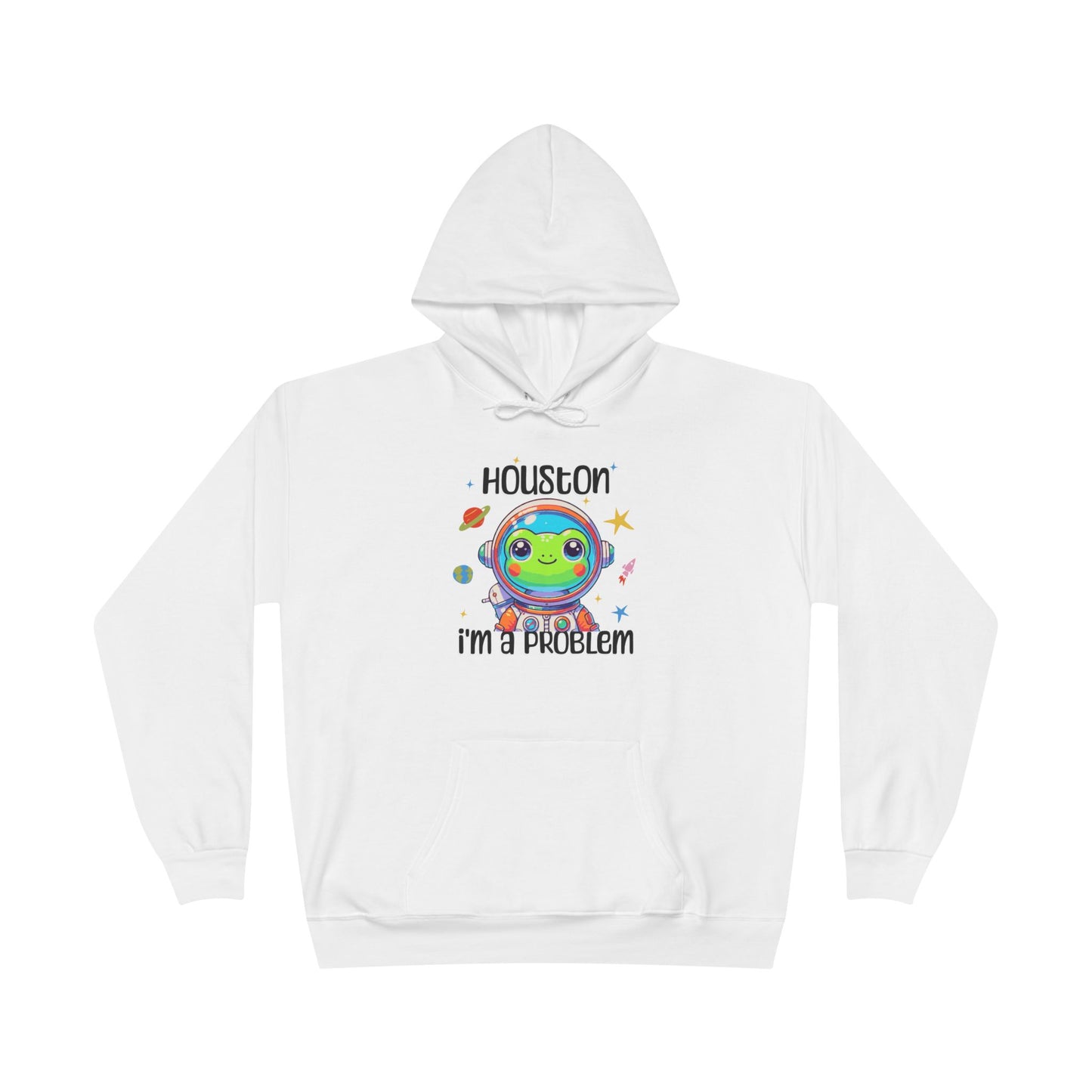 a white colored hoodie with graphic of a cute astronaut frog in a spacesuit, ready for an interstellar adventure. The design showcases the frog as a space cadet, radiating charm and joy, perfect for spreading smiles across the galaxy