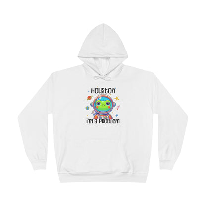 a white colored hoodie with graphic of a cute astronaut frog in a spacesuit, ready for an interstellar adventure. The design showcases the frog as a space cadet, radiating charm and joy, perfect for spreading smiles across the galaxy