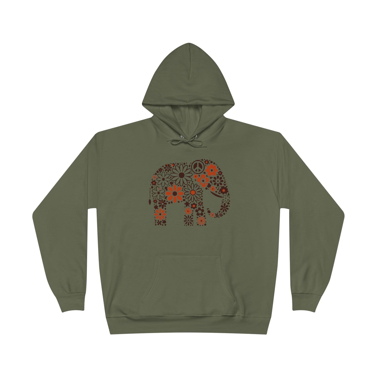 a fatigue green color hoodie with an image of an elephant created out of brown and orange floral design