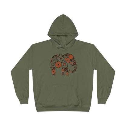 a fatigue green color hoodie with an image of an elephant created out of brown and orange floral design