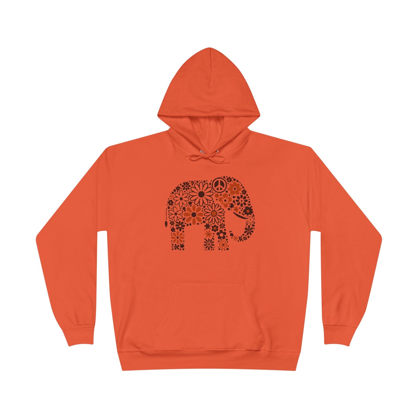 a texas orange color hoodie with an image of an elephant created out of brown and orange floral design