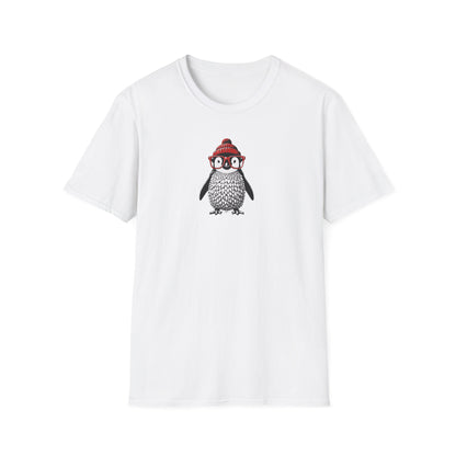 a white colored t-shirt with an image of a penguin wearing a red beanie and red eyeglasses