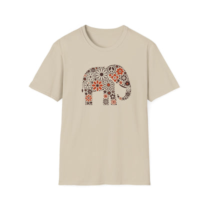a sand color t-shirt with an image of an elephant created out of brown and orange floral design