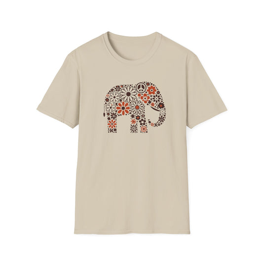 a sand color t-shirt with an image of an elephant created out of brown and orange floral design