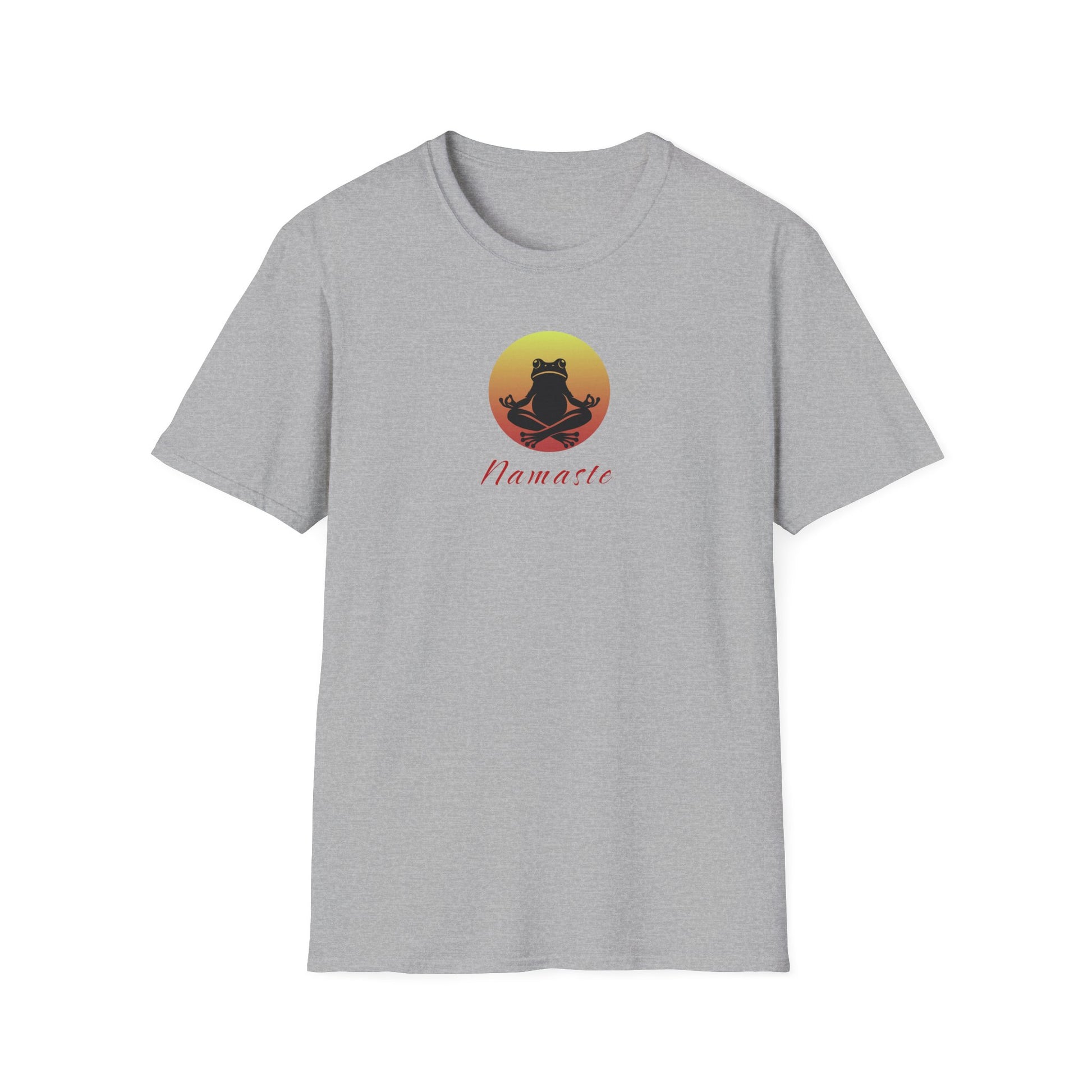 Grey-colored T-shirt featuring a relaxed frog in a peaceful yoga pose, ideal for self-care enthusiasts and mindfulness lovers. This zen-inspired shirt offers comfort and calm for yoga practice or everyday wear.