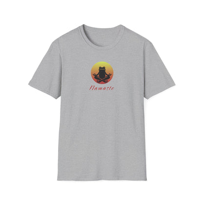 Grey-colored T-shirt featuring a relaxed frog in a peaceful yoga pose, ideal for self-care enthusiasts and mindfulness lovers. This zen-inspired shirt offers comfort and calm for yoga practice or everyday wear.