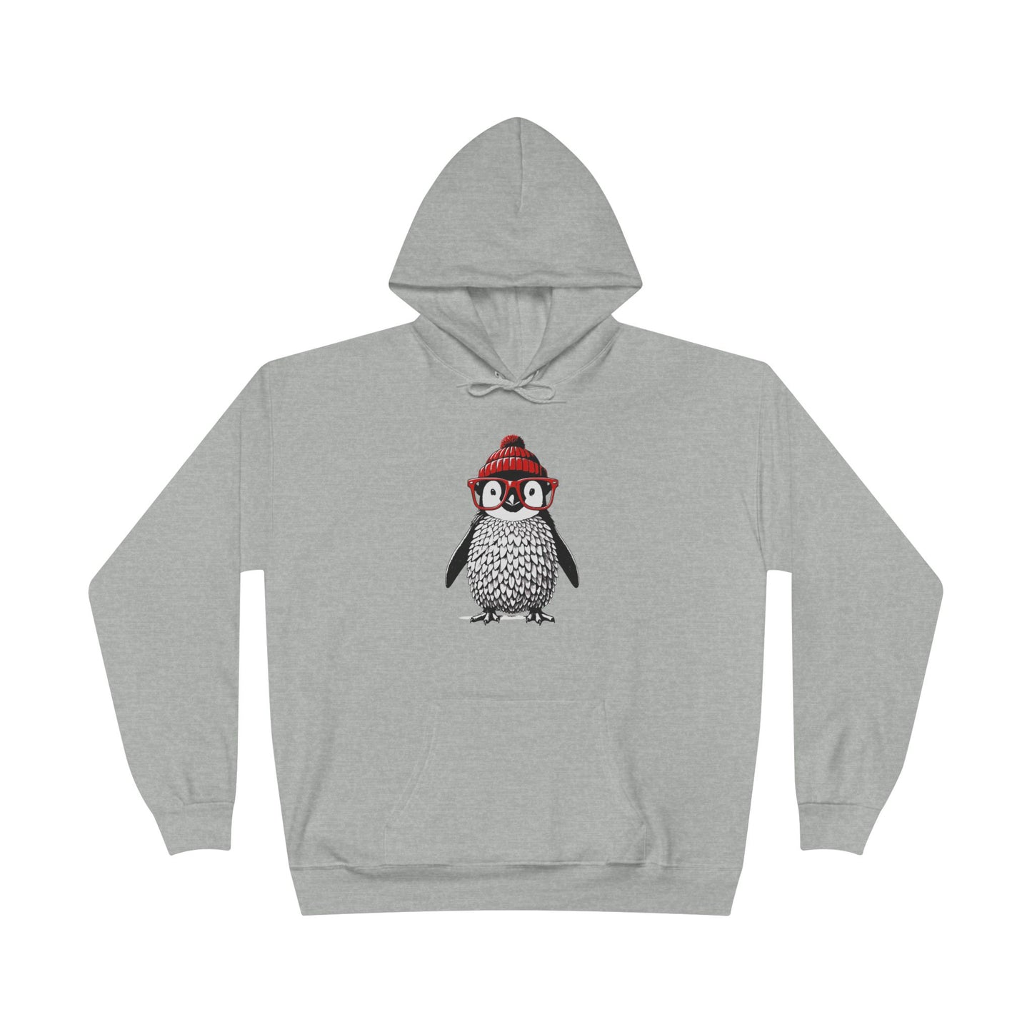 a light steel colored hoodie with an image of a penguin wearing a red beanie and red eyeglasses