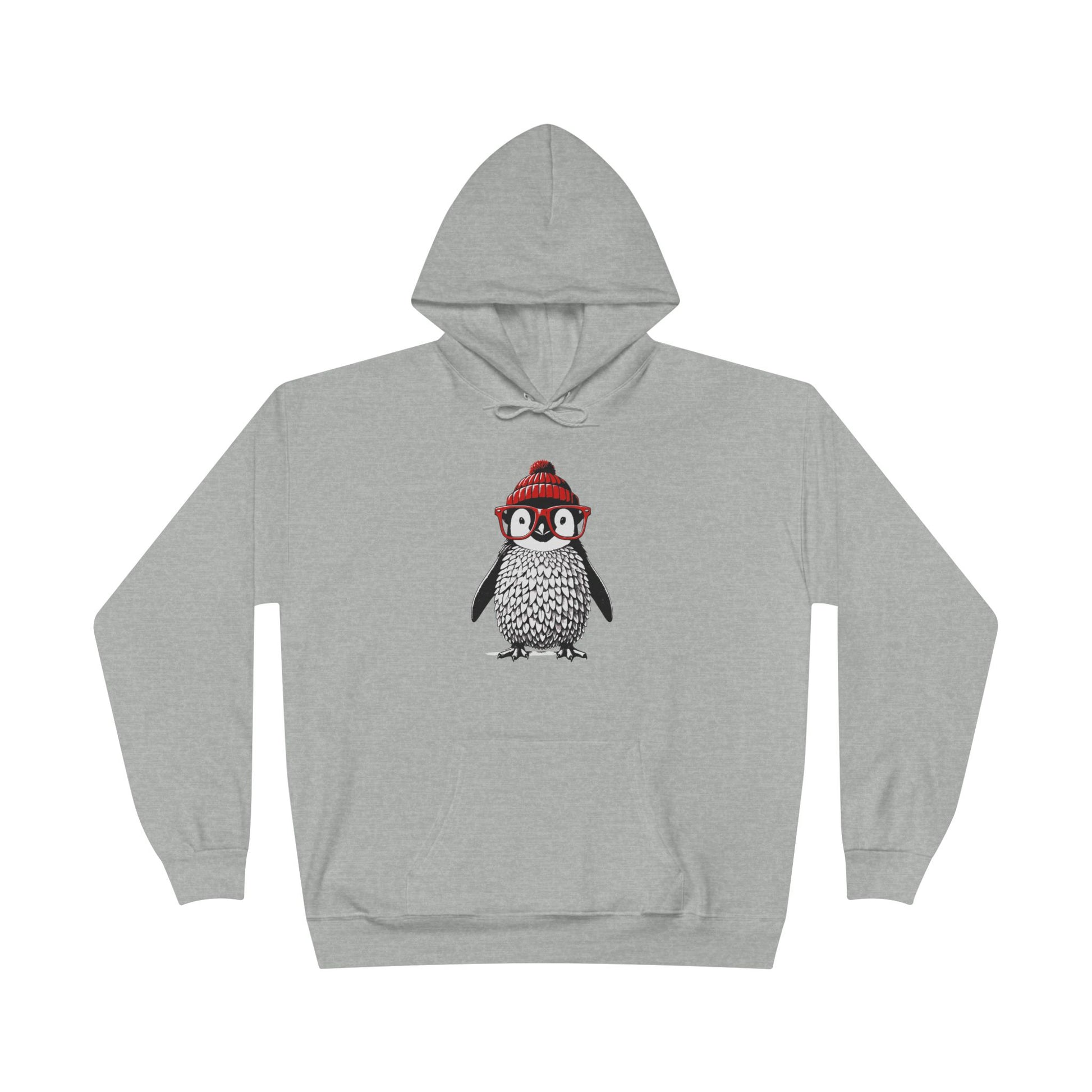 a light steel colored hoodie with an image of a penguin wearing a red beanie and red eyeglasses