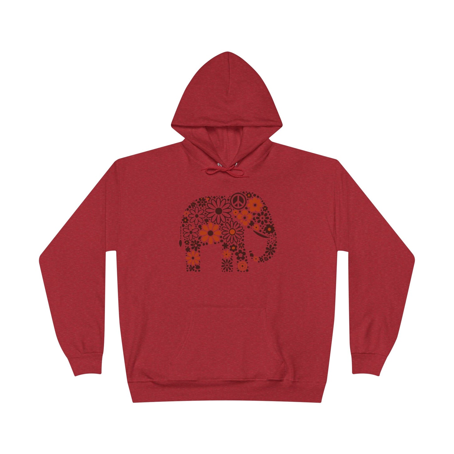 a heather red color hoodie with an image of an elephant created out of brown and orange floral design