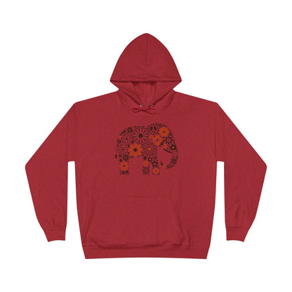 a heather red color hoodie with an image of an elephant created out of brown and orange floral design