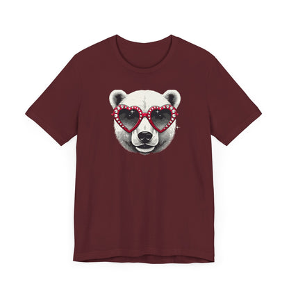 a maroon color t-shirt with a white polar bear face wearing a a heart-shaped sunglasses 