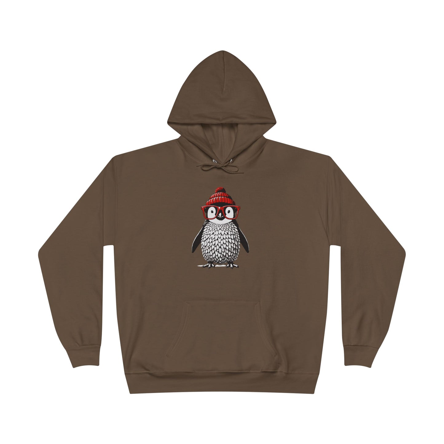 an army brown colored hoodie with an image of a penguin wearing a red beanie and red eyeglasses