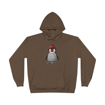 an army brown colored hoodie with an image of a penguin wearing a red beanie and red eyeglasses